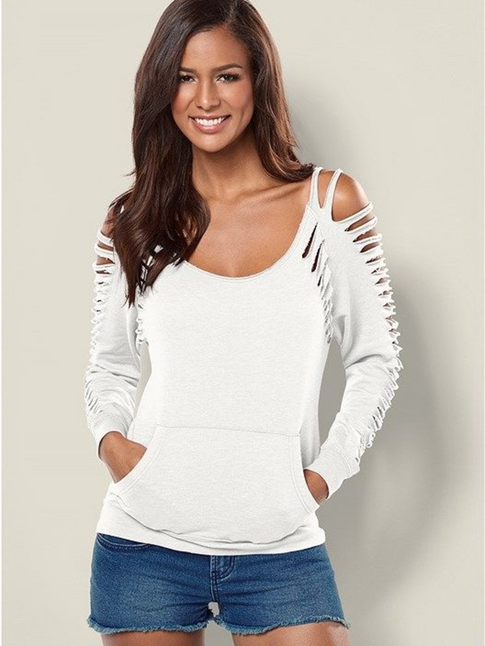 VENUS White Cold-Shoulder Slash Detail Pullover Sweatshirt